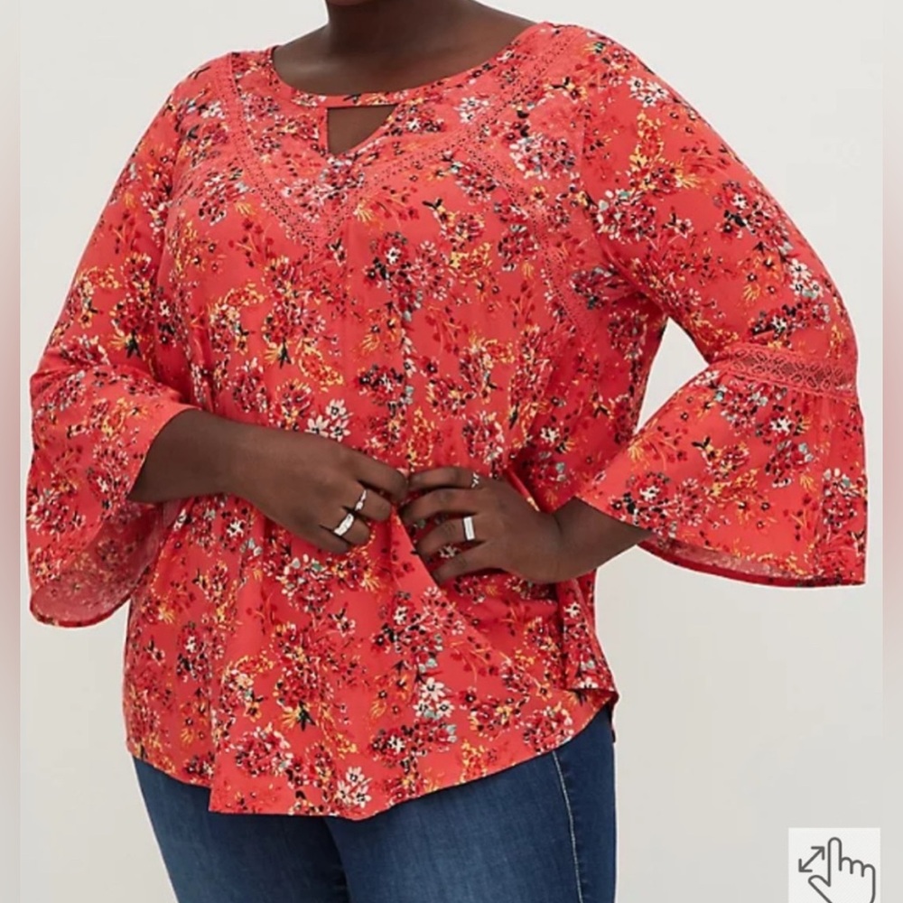 Torrid Red Floral Blouse with Bell Sleeves